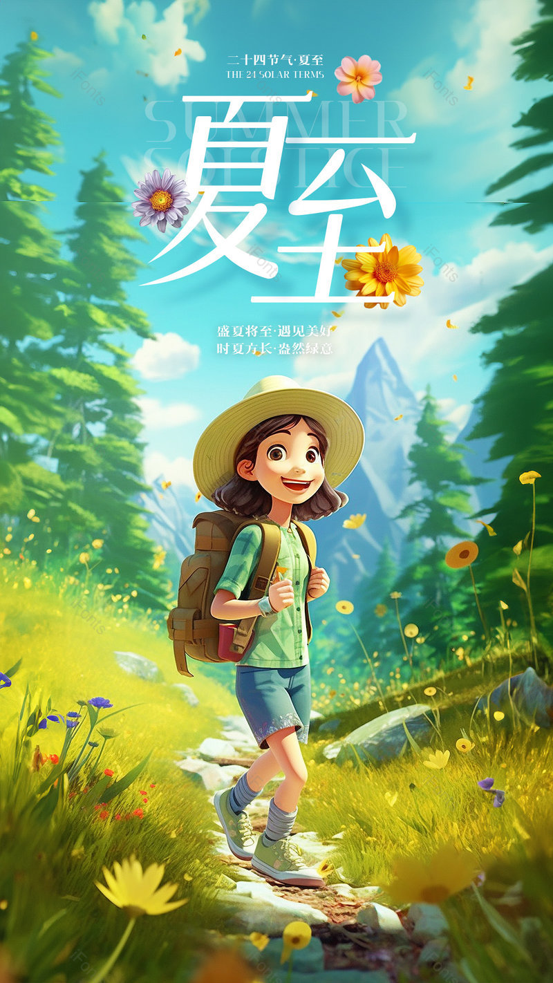 卡通可爱女孩夏日旅游夏至节气海报,设计模板,设计模板大全,设计模板下载